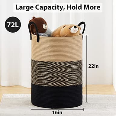 Fiona's magic 72L Large Woven Laundry Hamper, Tall Cotton Rope Storage Basket, Jute Baby Nursery Hamper for Blankets, Toys and Clothes in Bedroom and Living Room Organizing, Brown & Black - Image 3