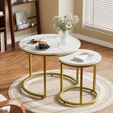 Smuxee White Nesting Coffee Table Set of 2, 23.6“ Round Coffee Table Wooden Marble Pattern with Adjustable Non-Slip Feet, Industrial End Table for Living Room Bedroom Balcony Gold - Image 3