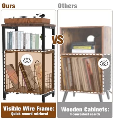Tuohours Record Player Stand, 3 Tier End Side Table with Vinyl Record Storage Basket, Turntable Table up to 100 Albums Record Shelf Display Holder Cabinet for Living Room, Bedroom, Office - Image 5