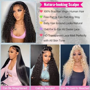 KRKRYQ 26 Inch Deep Wave Lace Front Wigs Human Hair 13x6 Lace Front Wig Human Hair Pre Plucked with Baby Hair 200% Density HD Lace Frontal Wigs for Women Curly Human Hair Wigs Natural Color - Image 4