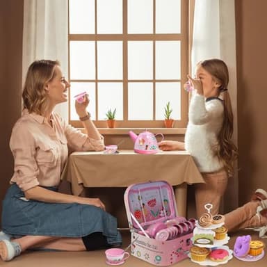 Tea Party Set for Little Girls,PRE-WORLD Princess Tea Time Toy Including Dessert,Cookies,Doughnut,Teapot Tray Cake, Tablecloth & Carrying Case,Kids Kitchen Pretend Play for Girls Boys Age 3-6 - Image 8