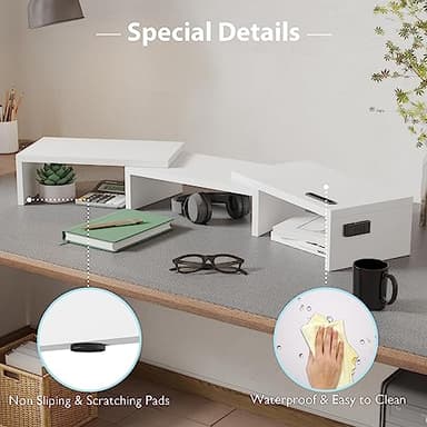 BONTEC Dual Monitor Stand for Desk, Adjustable Length and Angle Monitor Stand Riser with Smartphone Holder, Desk Shelf for Top of Desk, Computer Monitor Stand with Storage, Office Desk Organizer, White - Image 7