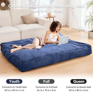 Bean Bag Chairs for Adults - Giant Bean Bag Chair Convertible Bean Bag Bed - Beanbag Chair with Micro Fiber Cover/Furniture Foam Filler - Floor Couch Sofa in Bedroom Dorm Room - Queen Navy Blue - Image 5