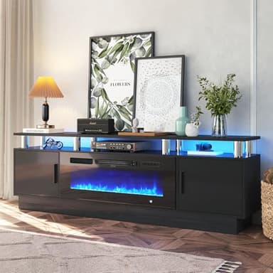 OneBlis 70" TV Stand for Living Room, Modern Entertainment Center & Media Console, Fits TVs up to 80", Storage Cabinet with Shelves, 36" Electric Fireplace with LED Flame (All Black) - Image 9