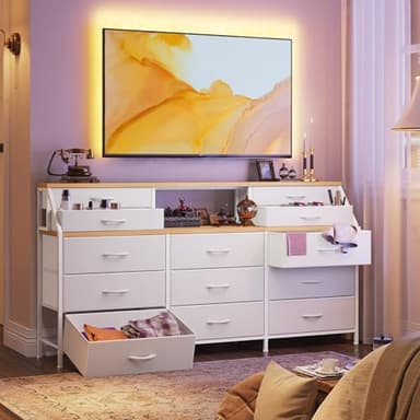 Romorgniz 55" W White Dresser for Bedroom with Deep Fabric Drawers, Long Chests of Drawers with 2 Open Wooden Shelves, Large Vanity Dressers for Entryway, Dorm, Sturdy Metal Frame, Wooden Top - Image 9