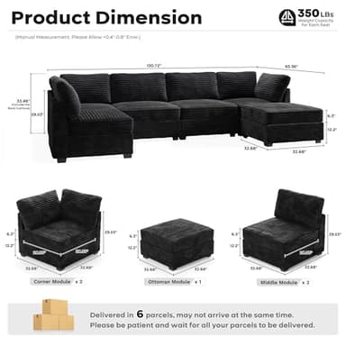 ovios Modular Sectional Sofa Couch with Sofa Bed L-Shape Chaise, Comfy Plush Corduroy Cloud Couches, Modern Deep Seat Sofas Set for Living Room, 6-Seater, Black - Image 2
