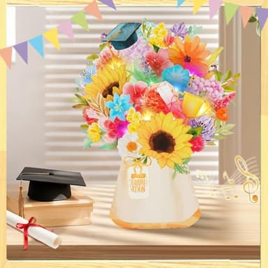 MZD8391 3D Pop Up Graduation Card with Music & Lights - Sunflower, Daisy, Cap Bouquet – Envelope Included – 2025 Graduation Gift & Decoration - Image 4