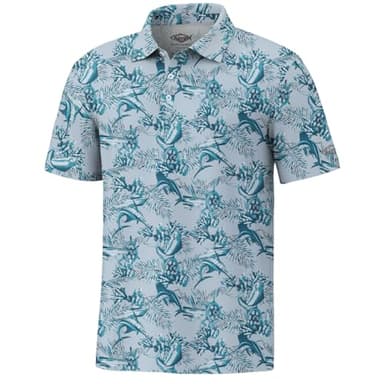Palmyth Fishing Shirts for Men Polo Dry Fit Short Sleeve UPF 50+ Moisture Wicking Print Collared Fishing Polo Shirts Aloha Fish Light Blue 2XL - Image 1