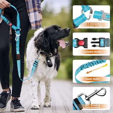 Removable Dog Seat Belt Harness for Car, 3 in 1 Pet Dog Car Seatbelt Leash, Retractable Restraint Secures to Vehicle Headrest & Adjustable Reflective Bungee Dog Seatbelt Tether, Blue and Black - Image 5
