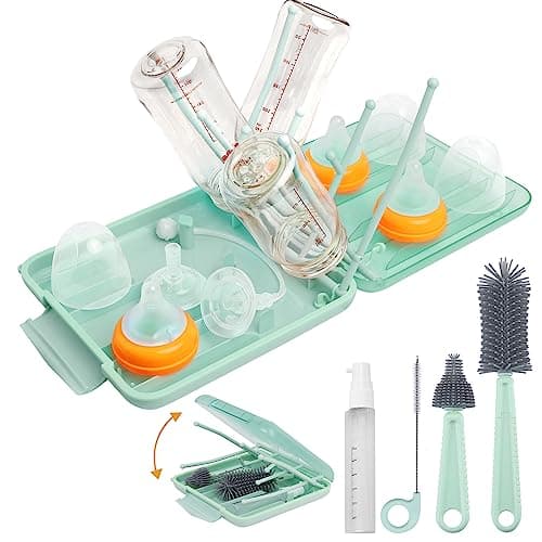 Maclined Travel Baby Bottle Drying Rack Set with Extendbale Protable Silicone Bottle Brush, Nipple Cleaner Brush,Straw Brush Compact Size Baby Essential for Newborn & Moms (Green) - Image 1