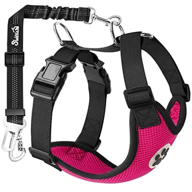 SlowTon Dog Seat Belt Harness for Car, Dog Car Harness Adjustable Mesh Breathable & Dog Seatbelt Safety Tether with Elastic Bungee for Small Medium Large Pets(Fuchsia, Double Clip, M) - Image 1