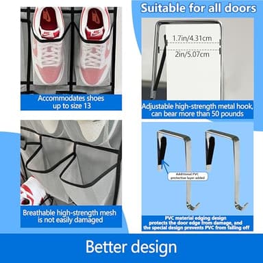 over the door shoe organizer,2025 upgraded,shoe organizer,35 Huge pockets,over door shoe organizer,Store size 13 shoes,shoe organizer,Strong material,hooks Suitable for various doors,Grey/black - Image 3