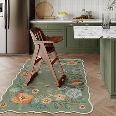 Lahome Floral Machine Washable Rug, 3x5 Rug Non Slip Soft Bedroom Rugs for Entryway Dorm, Ultra-Thin Boho Rugs for Living Room Stain Resistan Throw Carpet for Nursery Entrance, Green - Image 2
