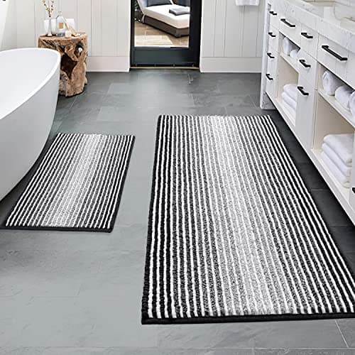 BSICPRO Bathroom Rugs and Mats Sets, 2 Piece Thick Absorbent Chenille Bath Mat Rug Set Non Slip, Soft Shaggy Bath Room Floor Mats for Bathroom, Machine Washable (20" x 47" Plus 16" x 24", Black) - Image 1