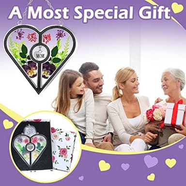 KY&BOSAM Heart Suncatcher Mom Stained Glass for Windows Hangings Wind Chimes with Pressed Flower Heart in Glass with Metal Trim Heart Charm Birthday Gifts for Women Mother`s Day Christams Home Decor - Image 3