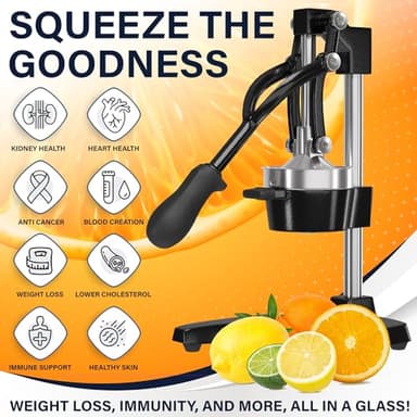 Eurolux Cast Iron Citrus Juicer | Extra-Large Commercial Grade Manual Hand Press | Heavy Duty Countertop Squeezer for Fresh Orange Juice (Bonus Stainless Steel Cup) (Black) - Image 7