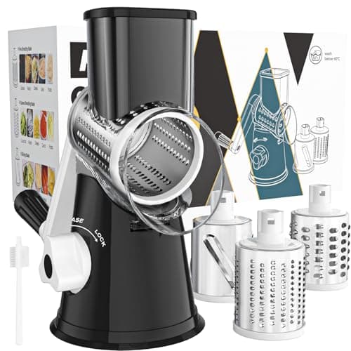 Cambom Rotary Cheese Grater Hand Crank Cheese Shredder for Fresh Cheese, Vegetable, Nuts,Non-slip Suction Base, Free Cleaning Brush Three Blades, Black - Image 1