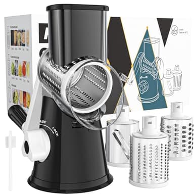 Cambom Rotary Cheese Grater Hand Crank Cheese Shredder for Fresh Cheese, Vegetable, Nuts,Non-slip Suction Base, Free Cleaning Brush Three Blades, Black - Image 1