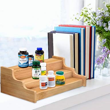 Spice Rack Kitchen Cabinet Organizer- 3 Tier Bamboo Expandable Display Shelf Yellow - Image 4
