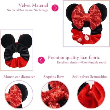 6 Pack Mouse Ears Scrunchies Velvet Sparkle Sequin Mouse Bows Hair Scrunchies Hair Ties Elastic Rubber Bands Ponytail Holders for Kids Women Girls Christmas Party Decoration - Image 2