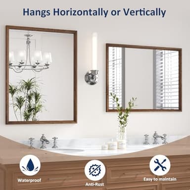 WEER Bathroom Mirror, 24x36 Inch Wall Mirror, Walnut Wood Grain Framed Mirror, Rectangle Vanity Mirror, Tempered Glass, Anti-Rust, Hangs Horizontally or Vertically - Image 5