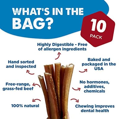 Best Bully Sticks 12 Inch Bully Sticks for Dogs - 10 Count (Pack of 1) - Natural, Easily Digestible, 100% Grass-Fed Beef, Grain and Rawhide Free - Image 2
