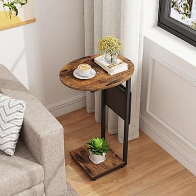 Vagusicc C Shaped End Table for Couch, Side Table Small End Table, Couch Side Table for Small Spaces, Slide Under Sofa TV Tray with Metal Frame for Living Room, Bedroom (Brown) - Image 3