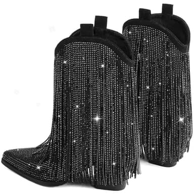 Ouepiano Black Cowboy Boots for Women - Black Cowgirl Rhinestone Boots with Sparkly Fringe Pointed Toe Western Boot Chunky Heel Pull-On Wide Calf Botas Vaqueras Size 9 - Image 8