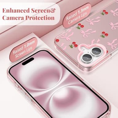 ZTOFERA for iPhone 16 Plus Case,Cute Pink Ribbon Bow Tie Planet Star Floral Aesthetic Phone Case,Trendy Slim Hard IMD Shockproof Protective Bumper Phone Cover for Women Girls,Cherry - Image 3