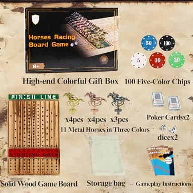 HOROW Horse Racing Board Game Solid Wood Horse Race Card and Dice Board Game Luxury Edition Set with 11 Metal Horses,100 Poker Chips,2 Dices and 2 Boxes of Cards - Image 5