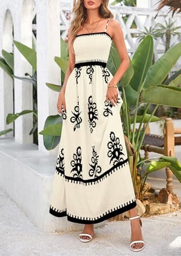 PRETTYGARDEN Summer Dress for Women 2025 Floral Sundress Spaghetti Strap Flowy Beach Vacation Boho Maxi Dresses (Apricot Black Floral,Large) - Image 3