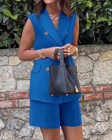 BTFBM Womens Blazer Vest Shorts Sets Lapel Neck Casual Sleeveless Button Down Office Summer 2 Piece Lounge Matching Sets(Solid Royal Blue, X-Large) - Image 3