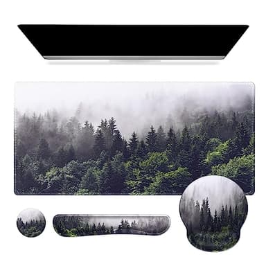 iCasso Desk Mat, Gaming Mouse Pad Wrist Support Set,4in1 XXL Large Mousepad + Keyboard Wrist Rest+Mouse Wrist Rest+Coaster Set with Ergonomic Design for Home Office Table Computer-Forest - Image 1