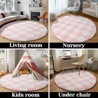 KICMOR Pink Round Rug 4ft for Girls Bedroom, Fluffy Soft Circle Area Rug Cute Small Living Room Carpet, Indoor Fuzzy Shag Shaggy Checkered Circular Rugs for Kids Room Nursery Home Decor Aesthetic - Image 4
