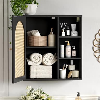 Rattan Bathroom Wall Cabinet, Boho Medicine Wall Cabinets with Door and Adjustable Shelves, Tall Kitchen Wall Mounted Storage Cabinet, Floating Hanging Cabinet Space Saver for Laundry Room,Black - Image 3