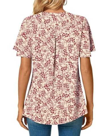 Anyally Women's Summer Dressy Chiffon Blouses V Neck Ruffle Short Sleeve Tunic Tops for Leggings Casual T-Shirts, XL Red Flower White - Image 4