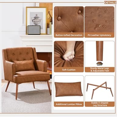 Yaheetech Accent Chair, Living Room Chair Mid Century PU Leather Armchair Lumbar Pillow, Comfy Upholstered Reading Chair Wood Leg Bedroom Lounge Brown - Image 5