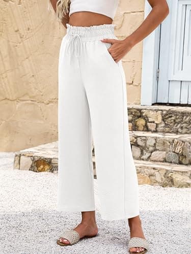ANRABESS Women 2025 Summer Casual Flowy Loose High Waist Boho Wide Leg Cropped Palazzo Lounge Beach Vacation Pants Trousers White Medium - Image 4