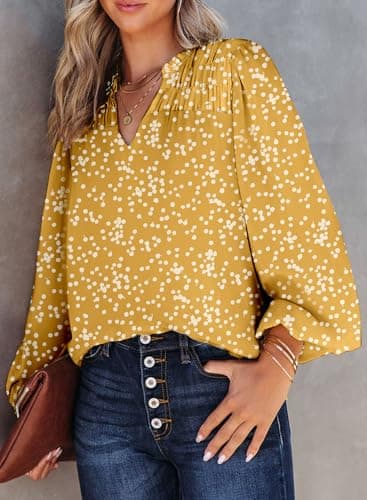 Dokotoo Womens Juniors Summer Tops 2025 Fashion Trendy Casual Dressy Fall Outfits Smocked Long Sleeve T Shirts Alicia Flower Print V Neck Business Work Tunic Bohemian Floral Top Medium Yellow - Image 3