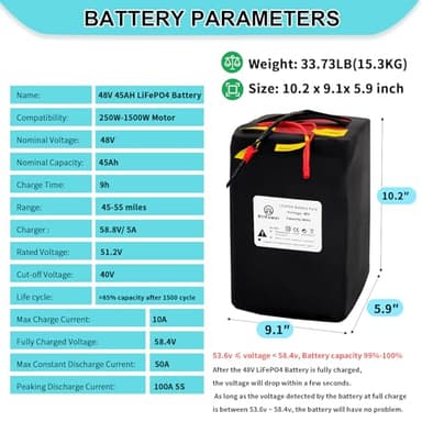 BtrPower 48V 45AH LiFePO4 Battery Ebike Lithium Battery Pack,50A BMS and 5A Fast Charger for 1500W-350W Motor - Image 3