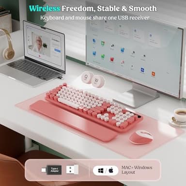 Wireless Keyboard and Mouse Combo, Blush Pink for Aesthetic Desk, Magnetic Wrist Rest, Full-Size Retro Typewriter Keyboard with Round Keycaps, Sleep Mode, 2.4GHz Cordless for Mac/Windows/PC, Trueque - Image 4