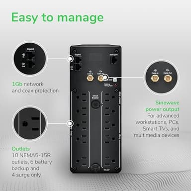 APC UPS 1500VA Sine Wave UPS Battery Backup, BR1500MS2 Backup Battery Power Supply, AVR, 10 Outlets, (2) USB Charger Ports - Image 7