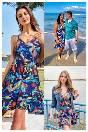 ULTRANICE Women's Summer Beach Dresses 2025 Casual Sundress Spring Trendy Floral Flowy Faux Wrap Midi Beach Vacation Outfits Clothes V-Neck Spaghetti Strap Dress(Blue Multicolored Floral,L) - Image 2
