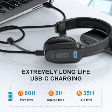 LEAYU Bluetooth Headset, 60hrs Noise Canceling V5.2 Over Head Headphones, Single Ear Trucker Wireless Headset with Mic, Mute Button, Multipoint, for Phones PC Computer Truck Driver Office Work - Black - Image 3