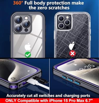 SPIDERCASE Only Designed for iPhone 15 Pro Max Case Waterproof, Built-in Lens & Screen Protector, Full Heavy Duty Protection, 12FT Military Shockproof, Dustproof, Anti-Scratched Phone Case, Purple - Image 6