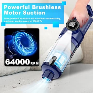 MONOZEL Handheld Vacuum Cordless - Car Vacuum Cleaner with Brushless Motor, 15000Pa Powerful Suction with LED Light, Type C Cable, 2 Fliters, Portable Hand Vacuum for Home, Car, and Office - Image 2