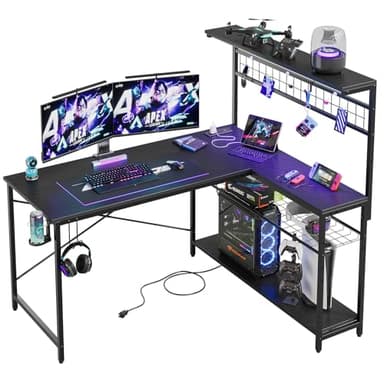 Bestier Gaming Desk 51" L-Shaped, with Power Outlets & LED Lights- 4 Tier Shelves, Reversible Gamer Table with Hooks & Cup Holder for Home Office Carbon Fiber Black - Image 8