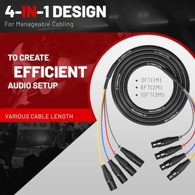 Phenyx Pro 4-Channel XLR Cable, 10 Ft Snake Cable, Balanced Microphone Cord, XLR Splitter, Color-Coded, 4-in-1 Design, 3-PIN Male to Female Patch Wire, w/OFC Copper (PCBL-4IN1-10) - Image 2