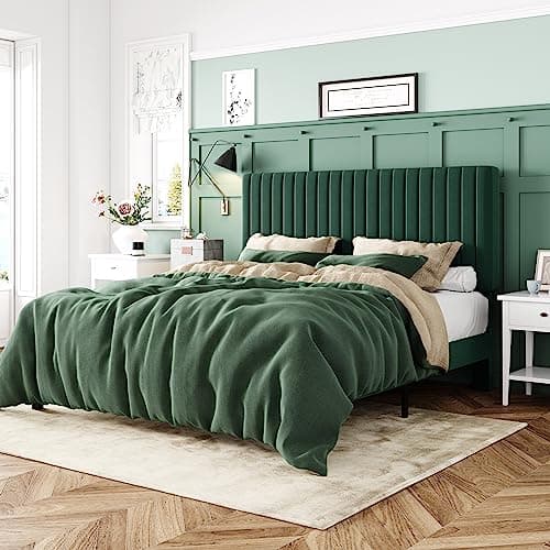 Allewie Queen Bed Frame, Velvet Upholstered Platform Bed with Adjustable Vertical Channel Tufted Headboard, Mattress Foundation with Strong Wooden Slats, Box Spring Optional, Easy Assembly, Green - Image 1