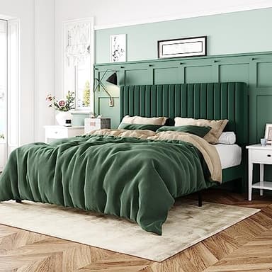 Allewie Queen Bed Frame, Velvet Upholstered Platform Bed with Adjustable Vertical Channel Tufted Headboard, Mattress Foundation with Strong Wooden Slats, Box Spring Optional, Easy Assembly, Green - Image 1